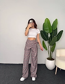 Ekoseli Fularlı Pantolon