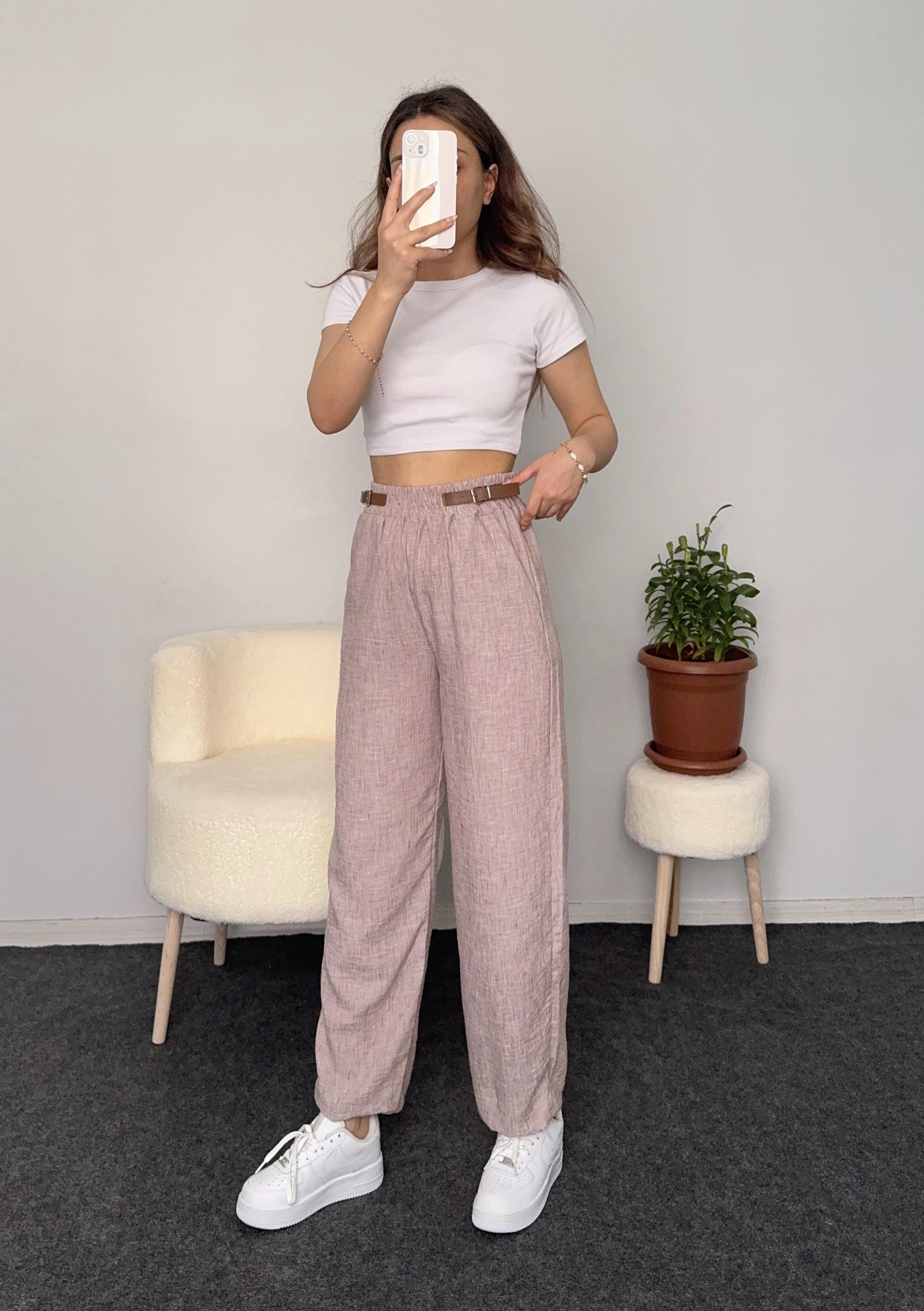 YANDAN KEMERLİ KETEN PANTOLON